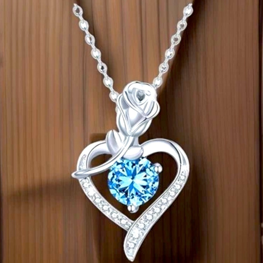 Sterling Silver Rose Heart Moissanite Blue Stone Necklace NWOT 🌼